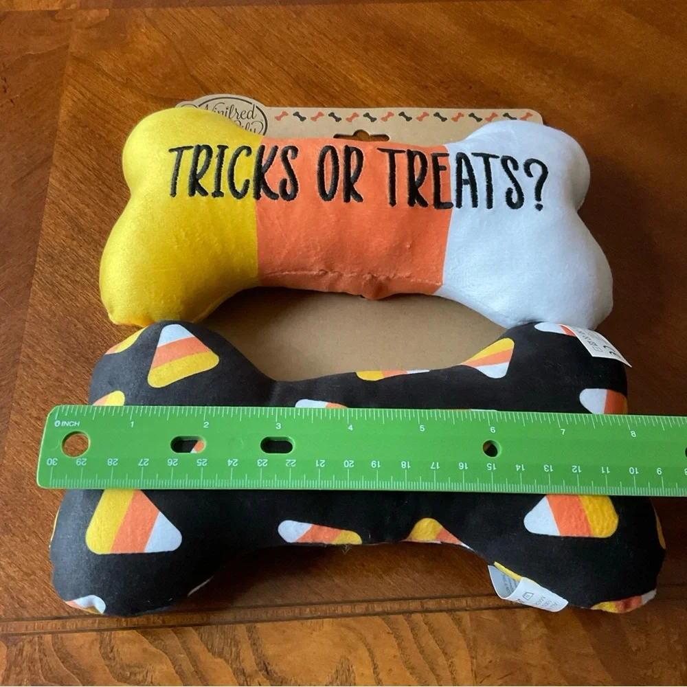 Halloween Dog Toys TRICKS OR TREATS & Candy corn Bones 8” squeaky set of 2